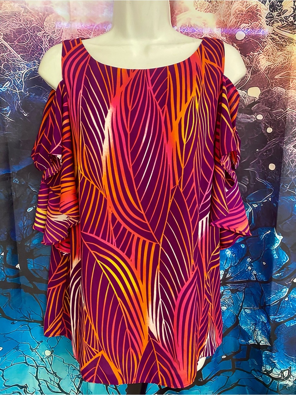 Cold Shoulder Blouse Purple Orange Tropical Leaf Print Ruffle Sleeve